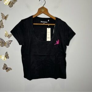 NWT JUICY COUTURE | Black Short Sleeve V Neck with Pink Embroidered Details